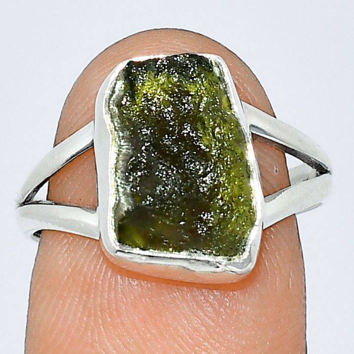 Genuine Czech Moldavite Rough Ring size-8 SDR238904 R-1002, 9x13 mm