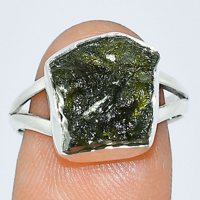 Genuine Czech Moldavite Rough Ring size-8 SDR238912 R-1002, 11x12 mm