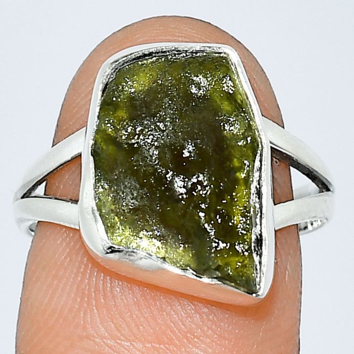 Genuine Czech Moldavite Rough Ring size-8 SDR238916 R-1002, 11x16 mm