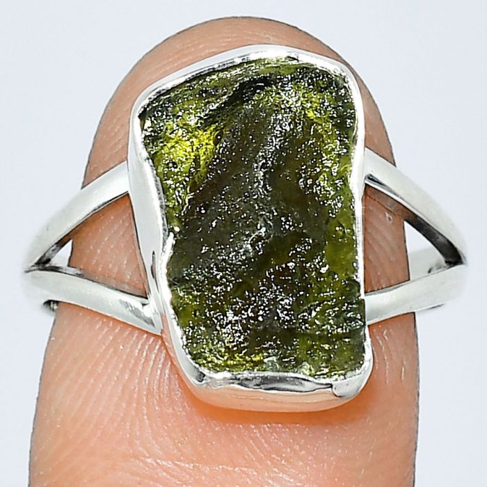 Genuine Czech Moldavite Rough Ring size-8 SDR238919 R-1002, 9x15 mm