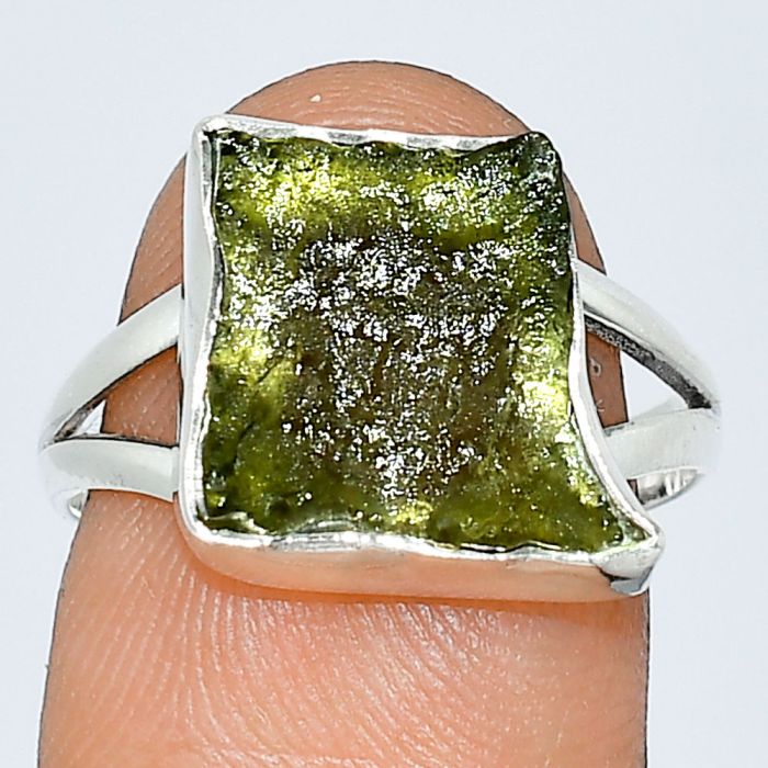 Genuine Czech Moldavite Rough Ring size-8 SDR238920 R-1002, 12x13 mm