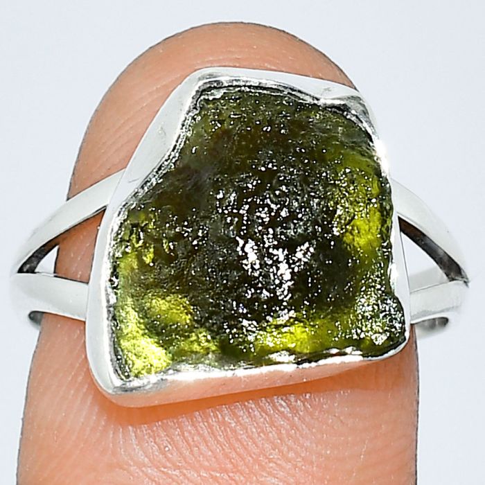 Genuine Czech Moldavite Rough Ring size-8 SDR238923 R-1002, 13x16 mm