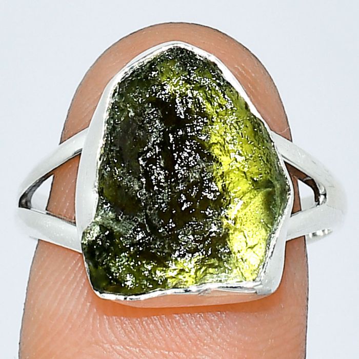 Genuine Czech Moldavite Rough Ring size-8 SDR238924 R-1002, 12x15 mm