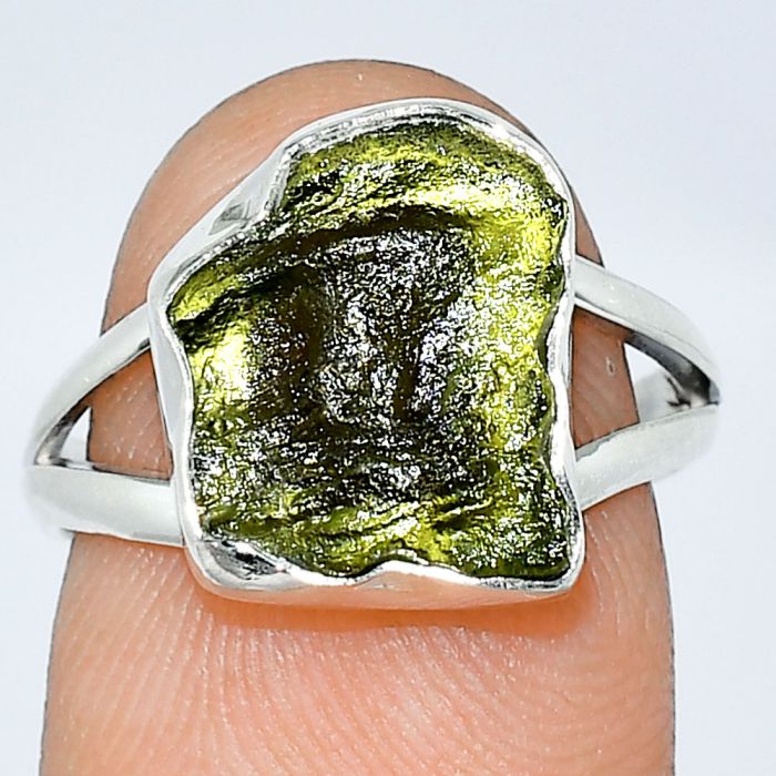 Genuine Czech Moldavite Rough Ring size-7 SDR238926 R-1002, 10x13 mm