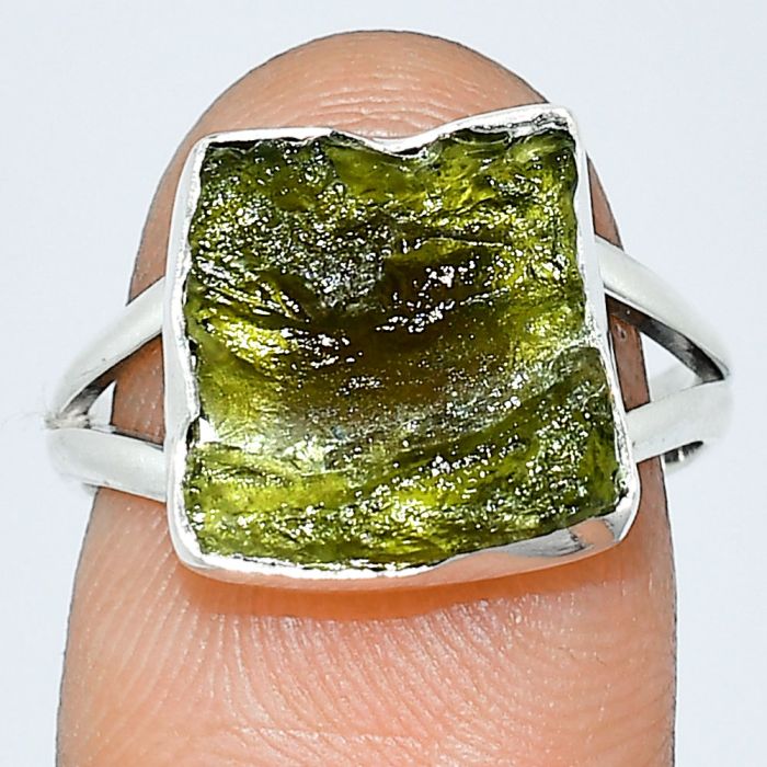 Genuine Czech Moldavite Rough Ring size-7 SDR238933 R-1002, 12x12 mm