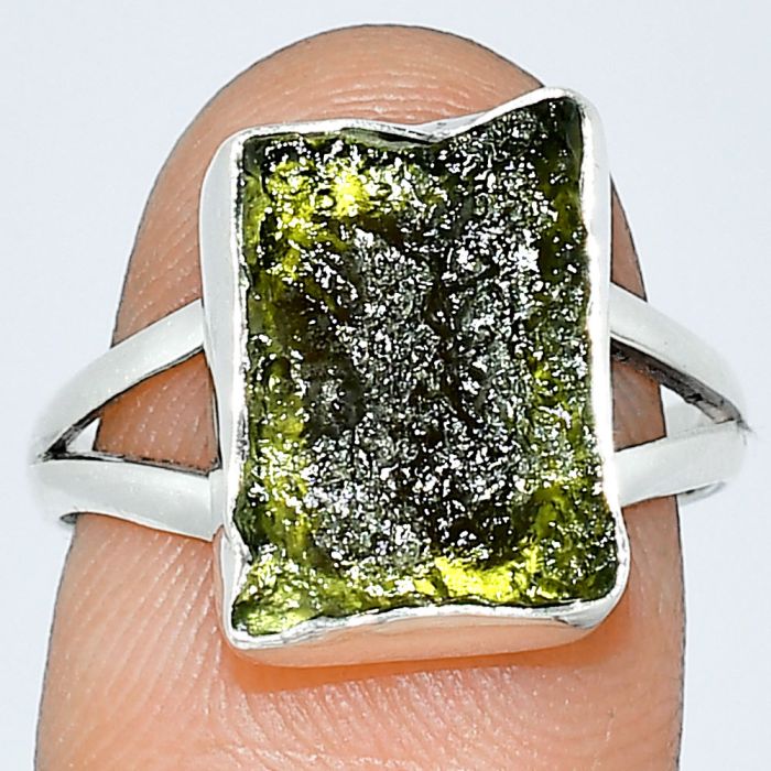 Genuine Czech Moldavite Rough Ring size-8 SDR238935 R-1002, 10x14 mm