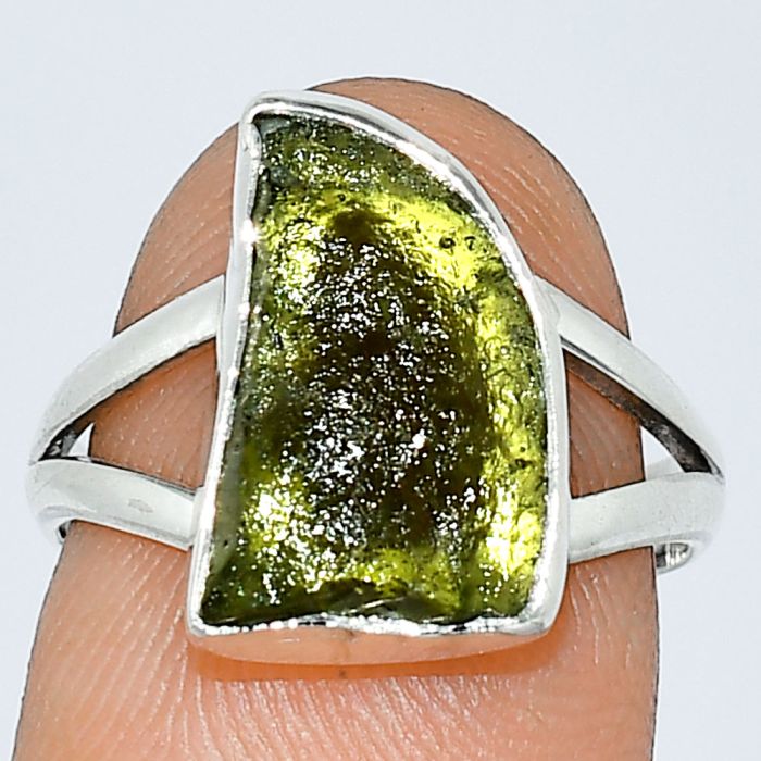 Genuine Czech Moldavite Rough Ring size-7 SDR238936 R-1002, 9x14 mm