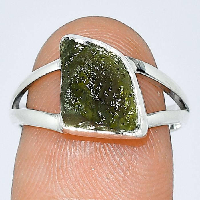 Genuine Czech Moldavite Rough Ring size-7 SDR238939 R-1002, 8x12 mm