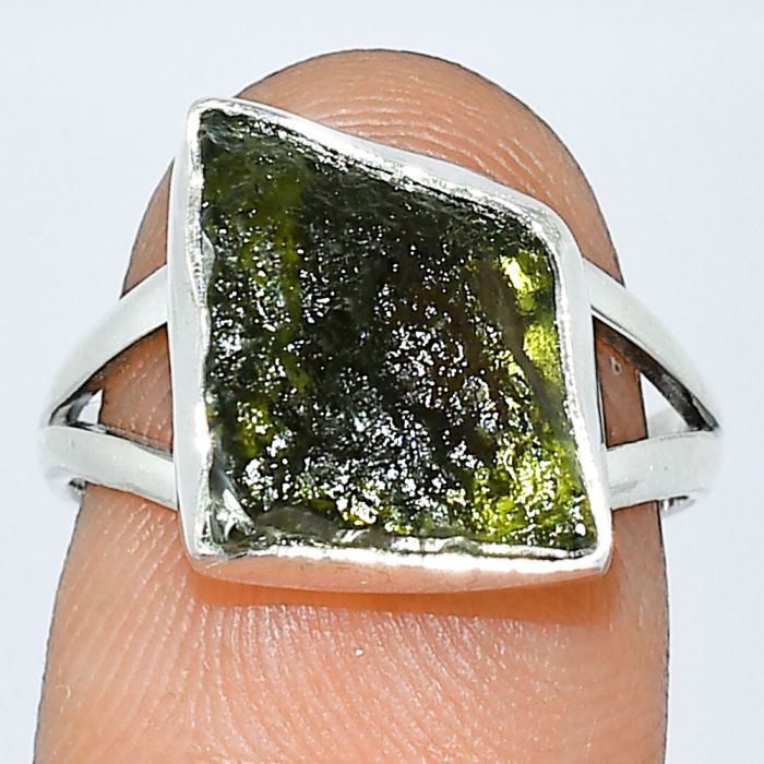 Genuine Czech Moldavite Rough Ring size-7 SDR238944 R-1002, 12x16 mm