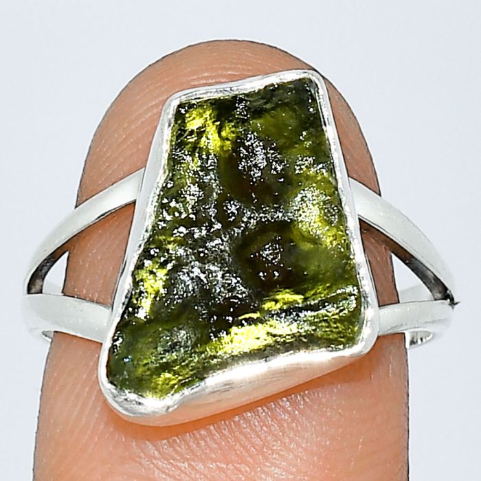 Genuine Czech Moldavite Rough Ring size-8 SDR238945 R-1002, 11x17 mm