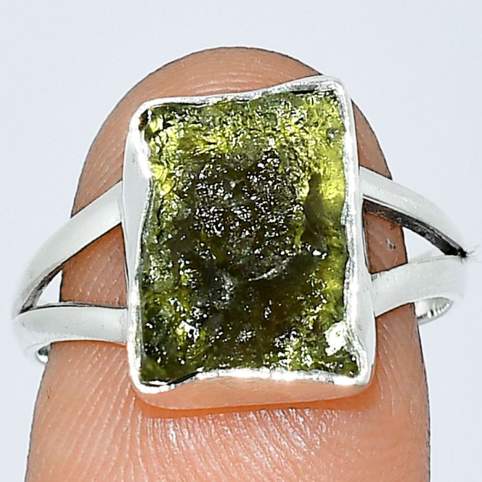 Genuine Czech Moldavite Rough Ring size-8 SDR238948 R-1002, 9x12 mm