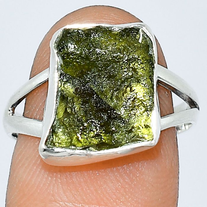 Genuine Czech Moldavite Rough Ring size-8 SDR238949 R-1002, 11x13 mm