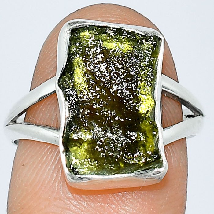 Genuine Czech Moldavite Rough Ring size-8 SDR238954 R-1002, 9x15 mm