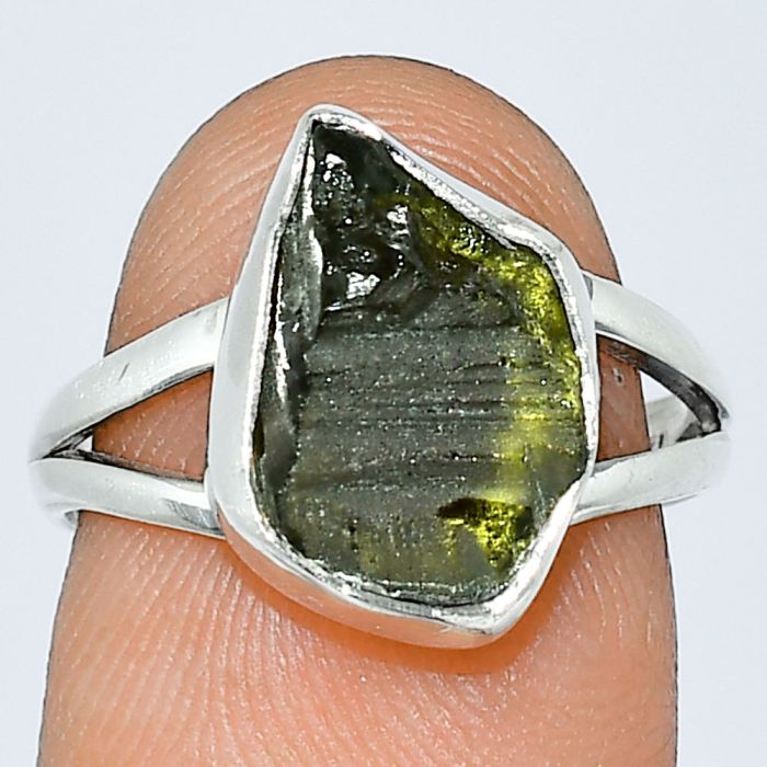 Genuine Czech Moldavite Rough Ring size-7 SDR238955 R-1002, 9x13 mm
