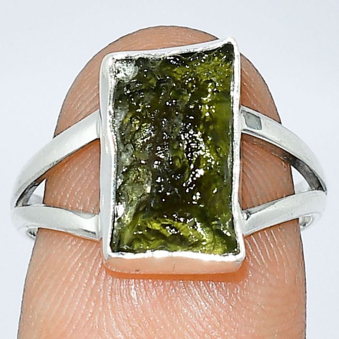 Genuine Czech Moldavite Rough Ring size-7 SDR238959 R-1002, 7x13 mm