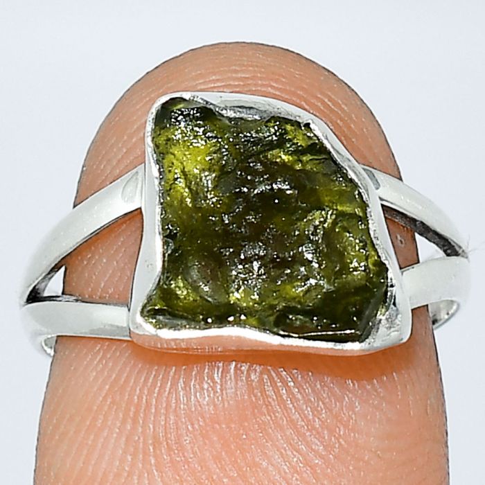 Genuine Czech Moldavite Rough Ring size-7 SDR238960 R-1002, 10x13 mm