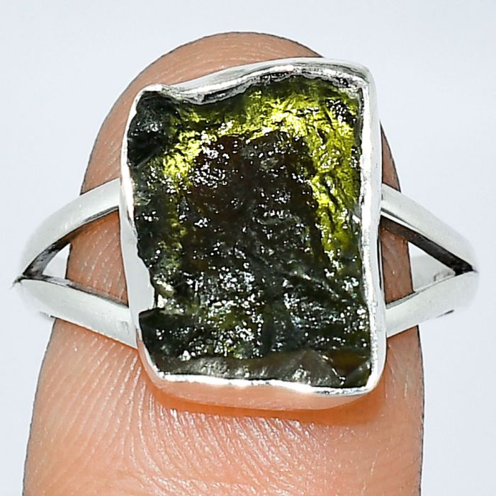 Genuine Czech Moldavite Rough Ring size-8 SDR238964 R-1002, 10x14 mm