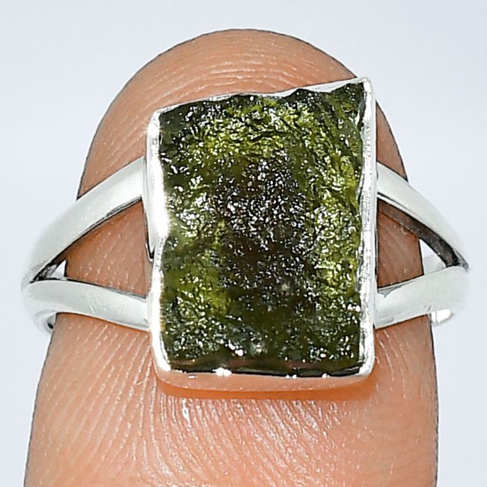 Genuine Czech Moldavite Rough Ring size-7 SDR238969 R-1002, 9x12 mm