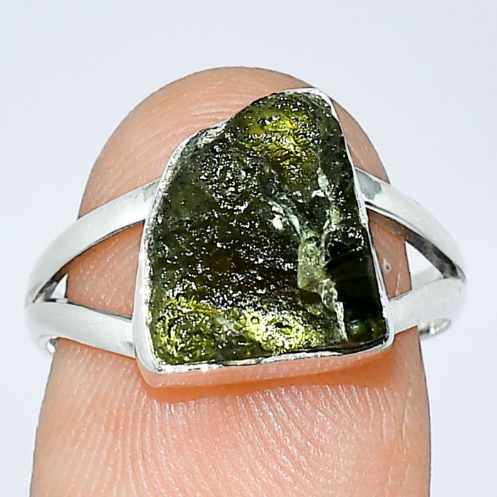 Genuine Czech Moldavite Rough Ring size-7 SDR238975 R-1002, 10x11 mm