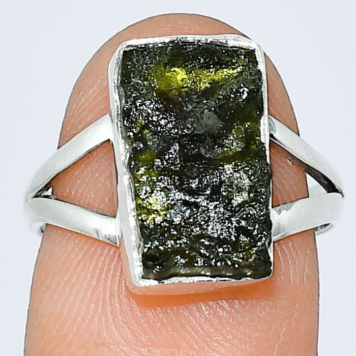 Genuine Czech Moldavite Rough Ring size-7 SDR238977 R-1002, 8x14 mm