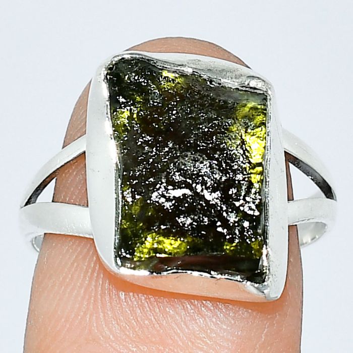 Genuine Czech Moldavite Rough Ring size-8 SDR238983 R-1002, 11x14 mm