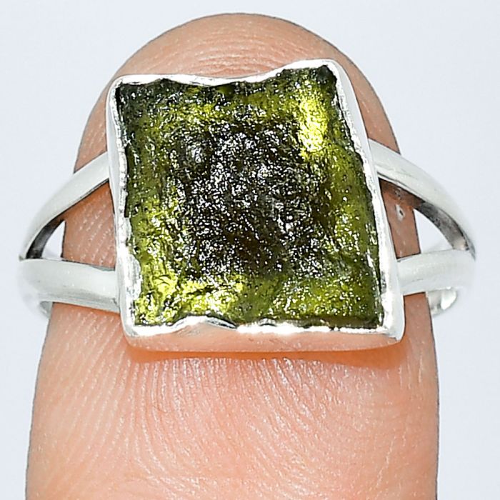 Genuine Czech Moldavite Rough Ring size-7 SDR238984 R-1002, 10x11 mm