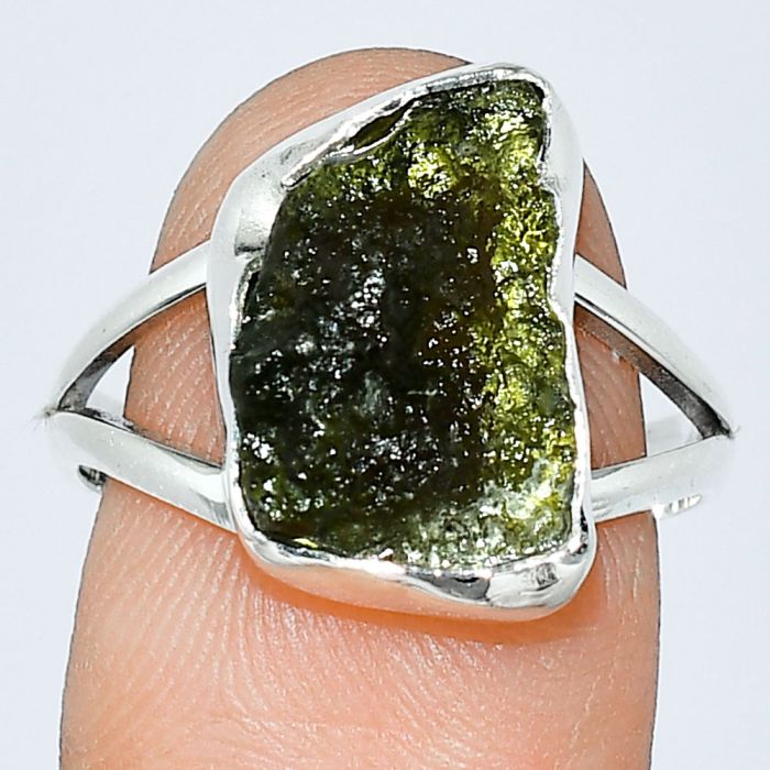 Genuine Czech Moldavite Rough Ring size-8 SDR238985 R-1002, 9x14 mm