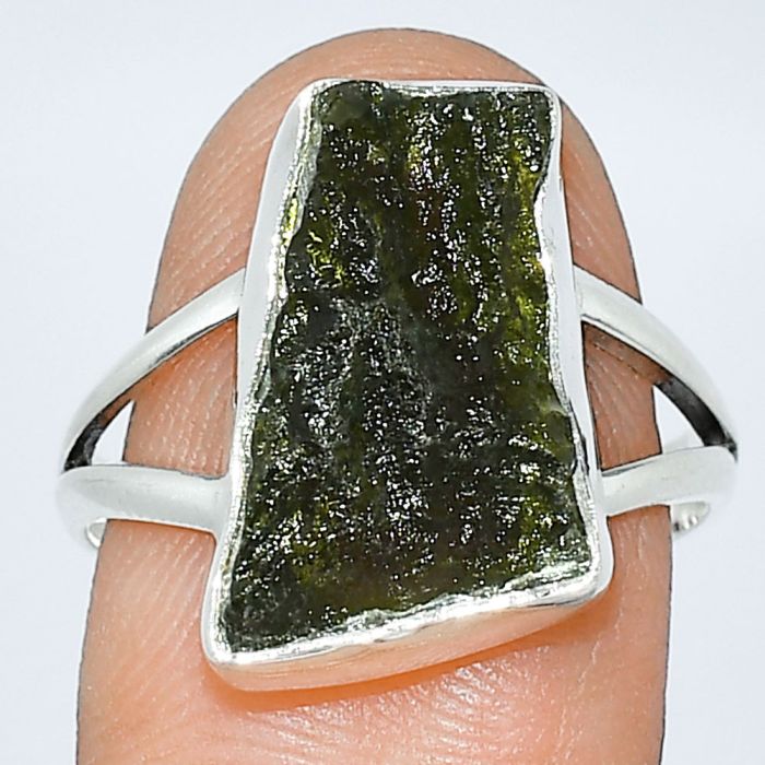 Genuine Czech Moldavite Rough Ring size-8 SDR238986 R-1002, 11x16 mm