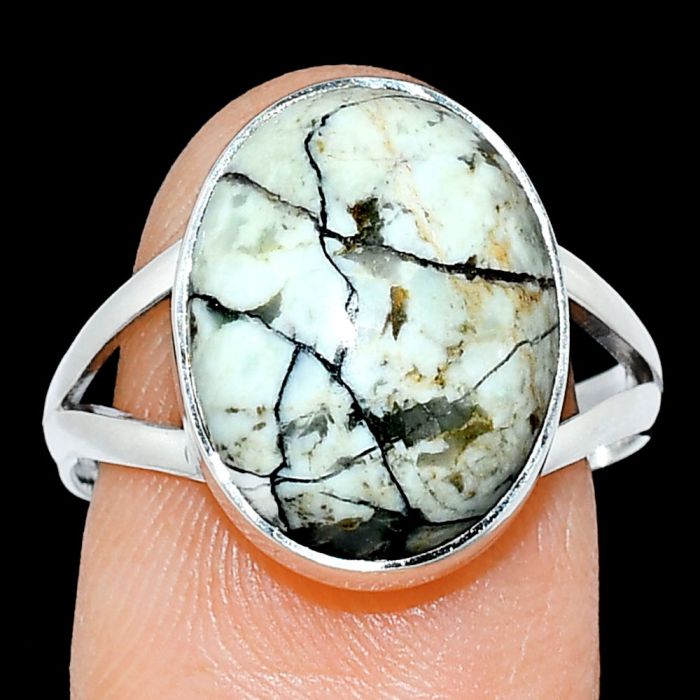 Authentic White Buffalo Turquoise Nevada Ring size-9 SDR239052 R-1002, 12x16 mm