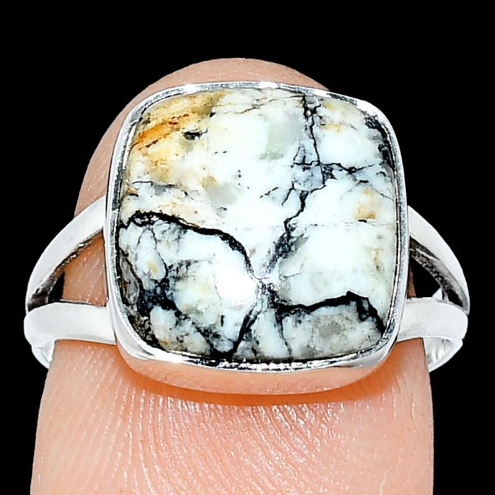 Authentic White Buffalo Turquoise Nevada Ring size-7.5 SDR239053 R-1002, 12x12 mm