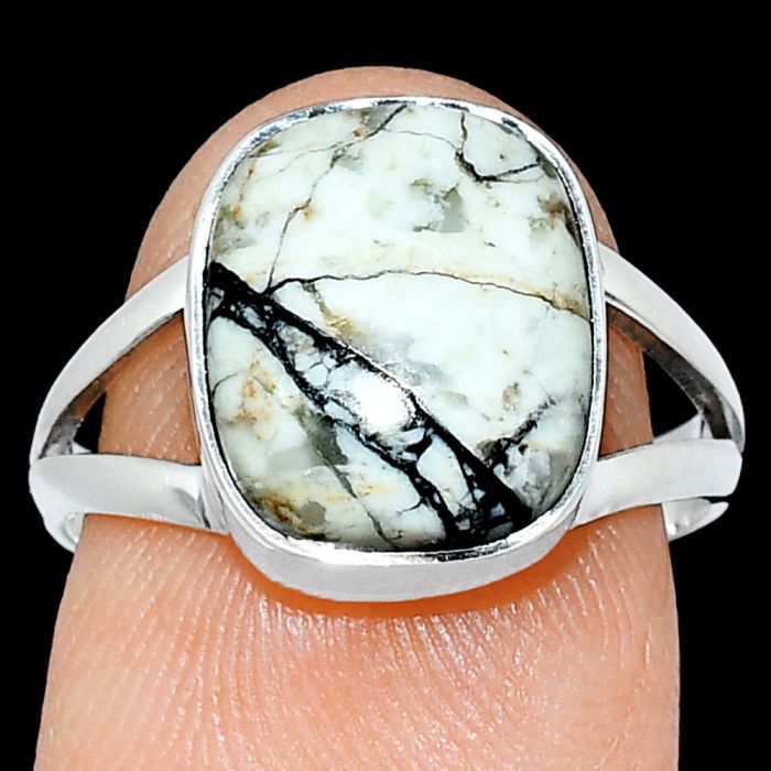 Authentic White Buffalo Turquoise Nevada Ring size-7.5 SDR239069 R-1002, 10x12 mm