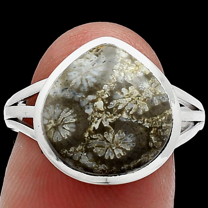 Flower Fossil Coral Ring size-8 SDR239183 R-1006, 13x13 mm