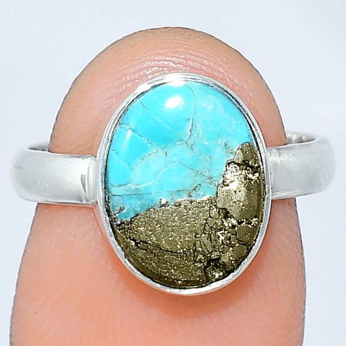 Kingman Turquoise With Pyrite Ring size-7 SDR240788 R-1001, 9x12 mm