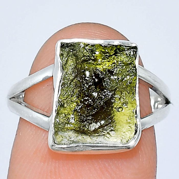 Genuine Czech Moldavite Rough Ring size-7 SDR240862 R-1002, 9x12 mm