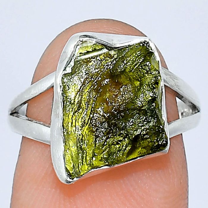 Genuine Czech Moldavite Rough Ring size-7 SDR240863 R-1002, 10x13 mm