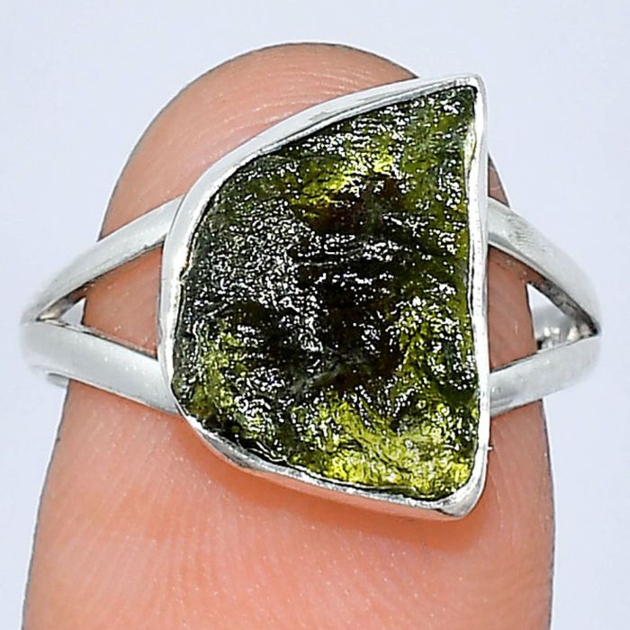 Genuine Czech Moldavite Rough Ring size-7 SDR240864 R-1002, 10x14 mm