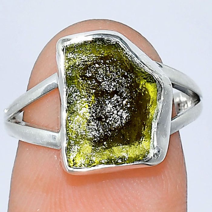 Genuine Czech Moldavite Rough Ring size-7 SDR240865 R-1002, 10x13 mm