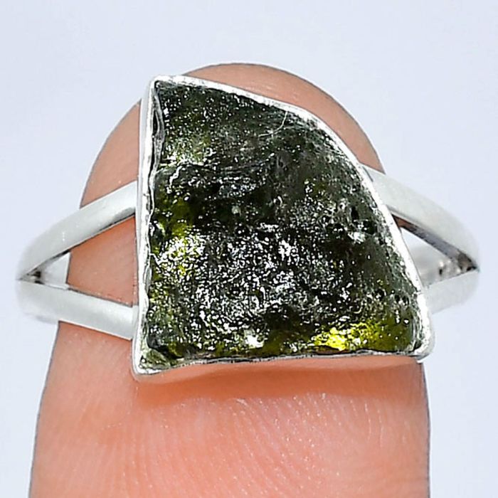 Genuine Czech Moldavite Rough Ring size-8 SDR240866 R-1002, 12x16 mm