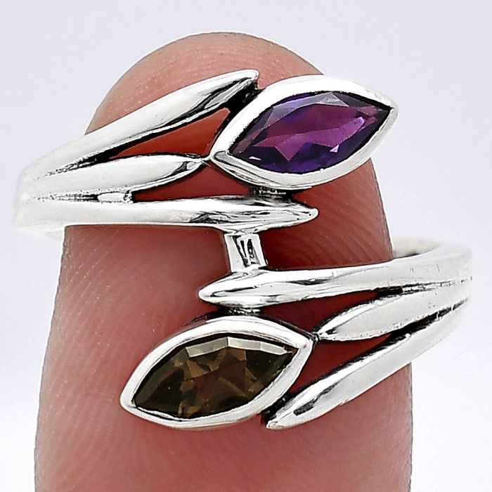 Amethyst and Smoky Quartz Ring size-8.5 SDR241527 R-1023, 4x8 mm