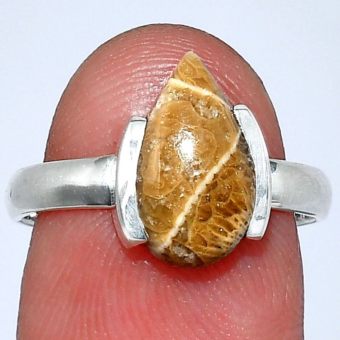 Flower Fossil Coral Ring size-7 SDR241642 R-1173, 7x13 mm