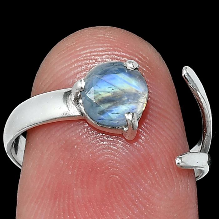 Adjustable - Faceted Rainbow Moonstone Ring size-7.5 SDR242277 R-1176, 6x6 mm