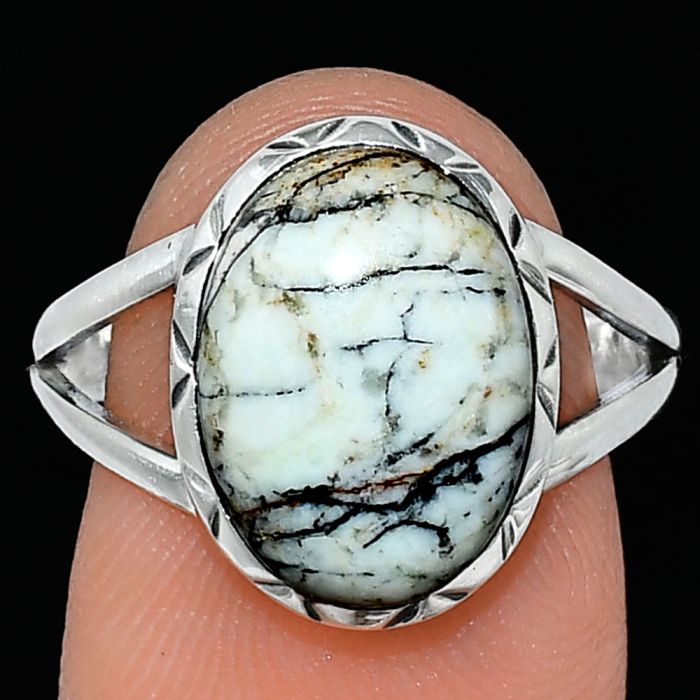 Authentic White Buffalo Turquoise Nevada Ring size-8.5 SDR242322 R-1074, 10x14 mm