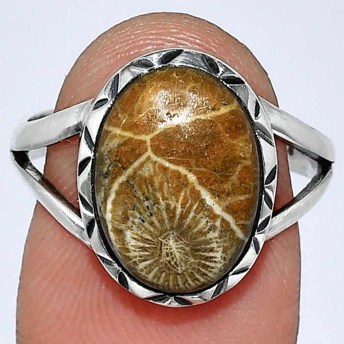 Flower Fossil Coral Ring size-8 SDR242367 R-1074, 10x14 mm