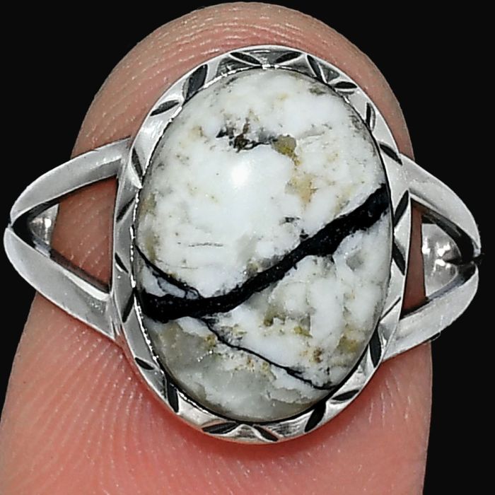 Authentic White Buffalo Turquoise Nevada Ring size-7.5 SDR242374 R-1074, 10x14 mm