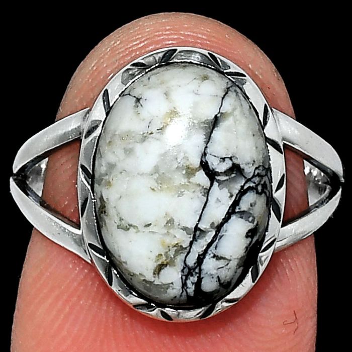 Authentic White Buffalo Turquoise Nevada Ring size-7.5 SDR242415 R-1074, 10x14 mm