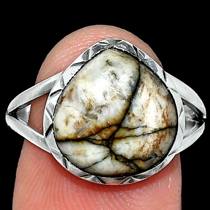 Authentic White Buffalo Turquoise Nevada Ring size-9 SDR242417 R-1074, 13x13 mm