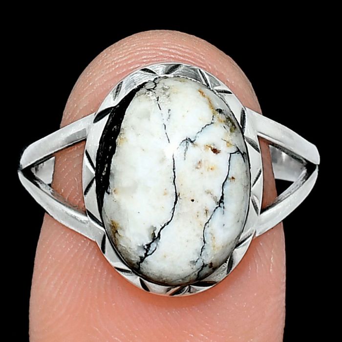 Authentic White Buffalo Turquoise Nevada Ring size-9 SDR242480 R-1074, 10x14 mm