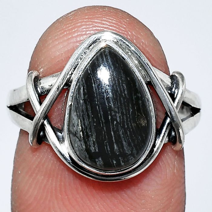 Silver Leaf Obsidian Ring size-7.5 SDR242633 R-1054, 8x12 mm