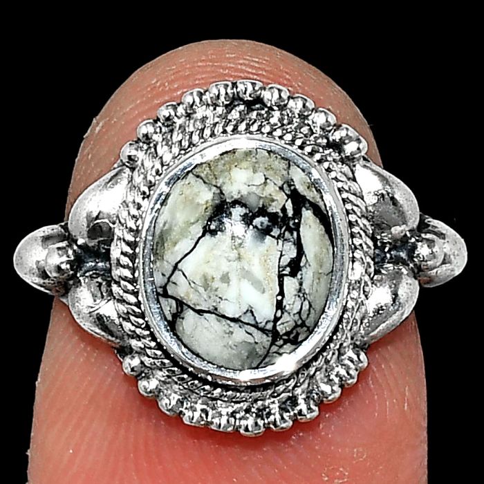 Authentic White Buffalo Turquoise Nevada Ring size-6 SDR242856 R-1286, 8x10 mm