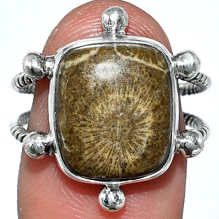 Flower Fossil Coral Ring size-8.5 SDR242923 R-1268, 12x14 mm